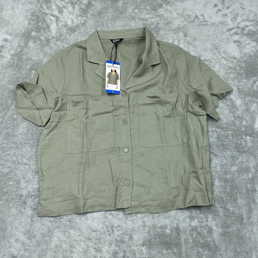 Buffalo David Bitton Women's L Blouse Green Linen Blend d1241 - Picture 3 of 8